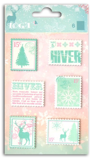 Lot de 6 timbres en bois décorés - Collection Hiver poudré