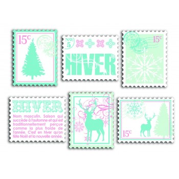 Lot de 6 timbres en bois décorés - Collection Hiver poudré