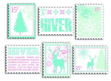 Lot de 6 timbres en bois décorés - Collection Hiver poudré