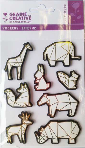 Stickers effet 3D animaux du zoo origami - 8 autocollants 