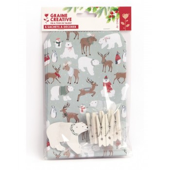 Sachet en papier 17 x 11 cm ours polaire avec pinces et étiquettes - lot de 6 sachets
