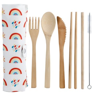 Set de couverts bambou et pochette de rangement - divers motifs