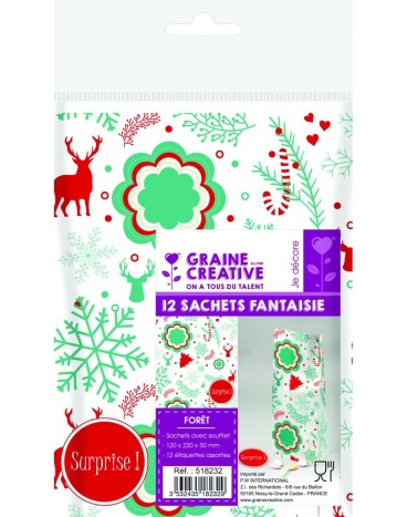 Sachet transparent imprimé forêt avec soufflet et étiquette - lot de 12 sachets