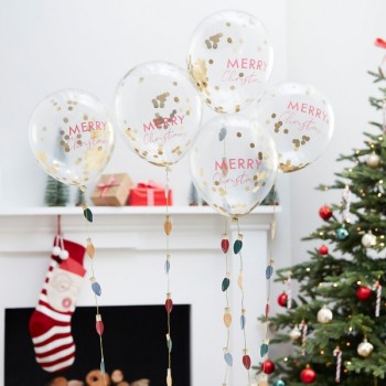 Ballons avec confettis doré imprimés Merry Christmas - 5 pièces